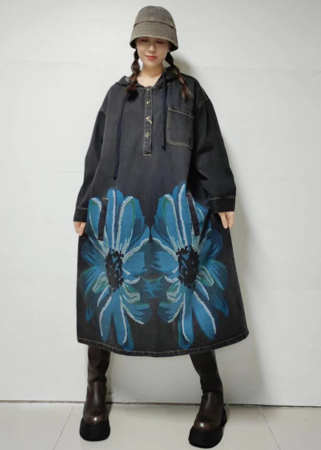 Loose Blue Hooded Print Denim Dress Long Sleeve