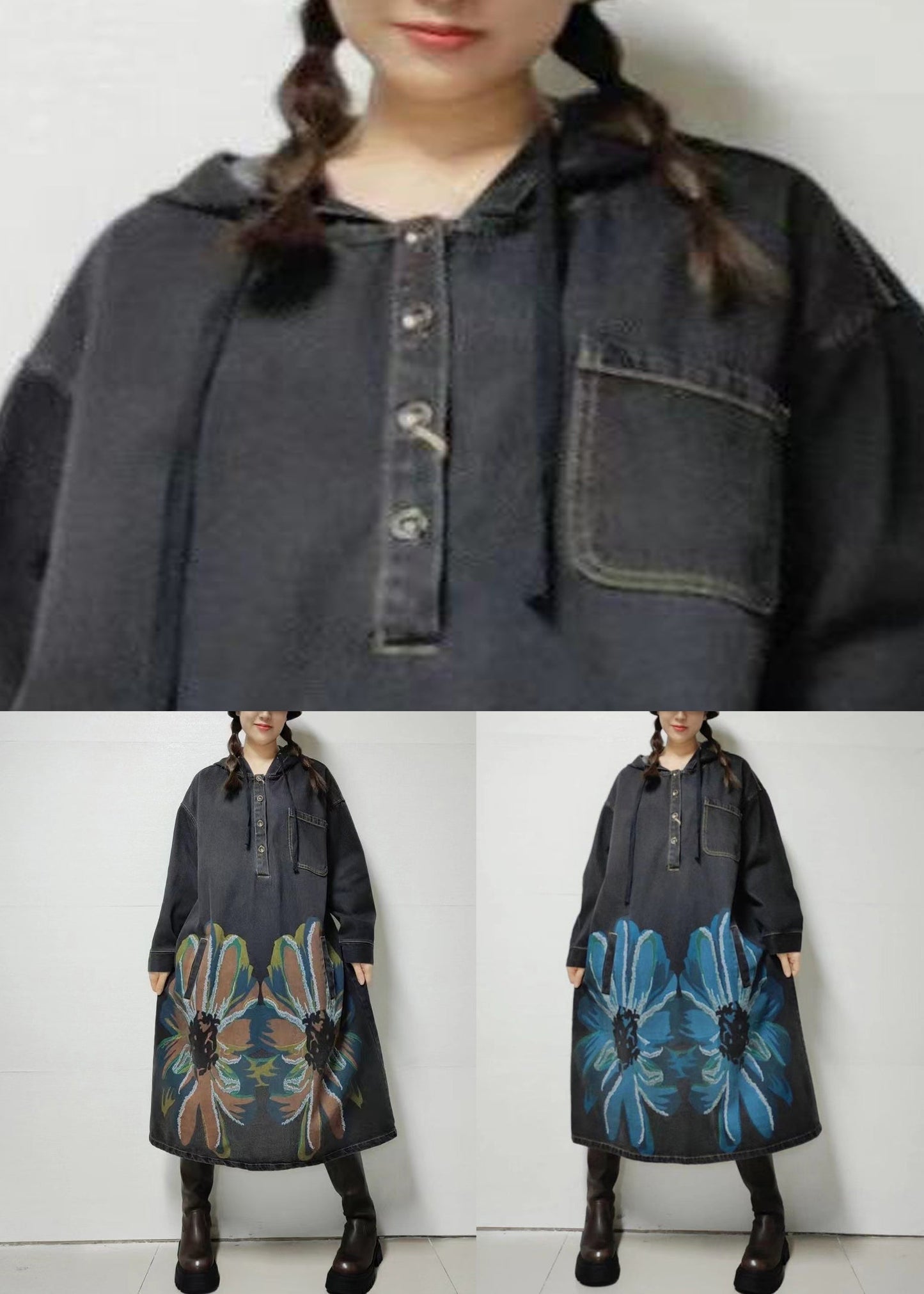 Loose Blue Hooded Print Denim Dress Long Sleeve