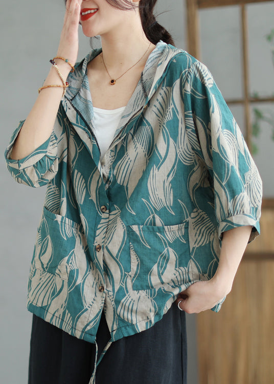 Loose Blue Hooded Print Drawstring Cotton Coats Summer