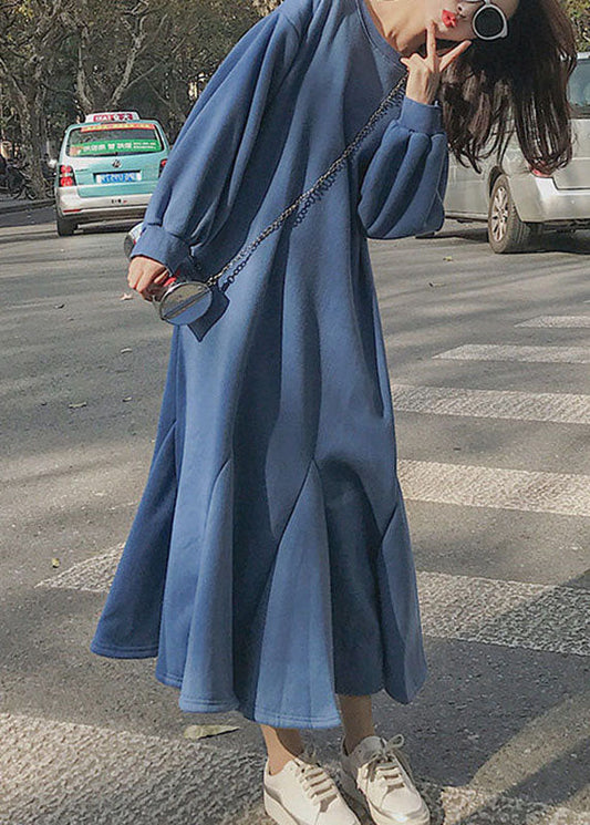 Loose Blue O-Neck Patchwork Long A Line Dress Fall