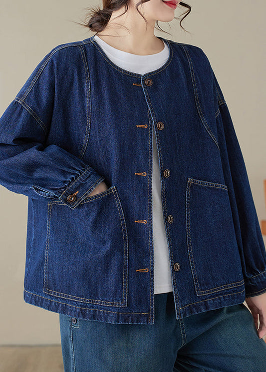 Loose Blue O-Neck Pockets Patchwork Denim Coats Long Sleeve