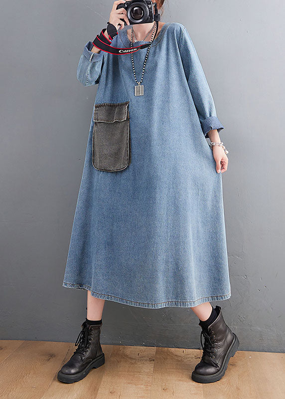 Loose Blue O Neck Pockets Patchwork Denim Dresses Fall