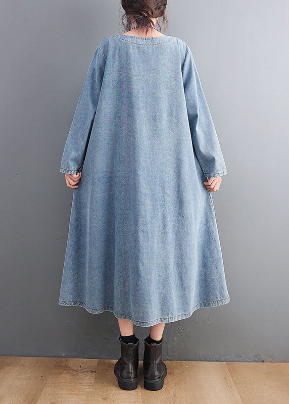 Loose Blue O Neck Pockets Patchwork Denim Dresses Fall