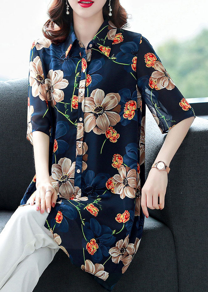 Loose Blue Peter Pan Collar Print Patchwork Chiffon Shirt Top Summer