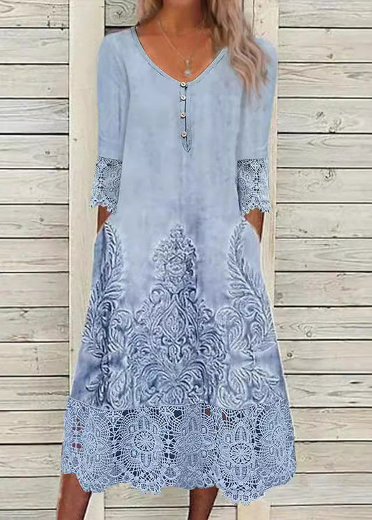 Loose Blue Print Pockets Lace Patchwork Long Dress Half Sleeve