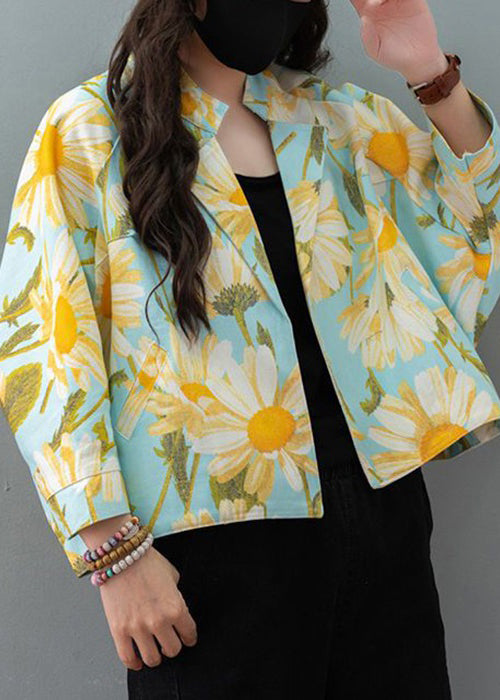 Loose Blue Stand Collar Print Cotton Cardigan Fall