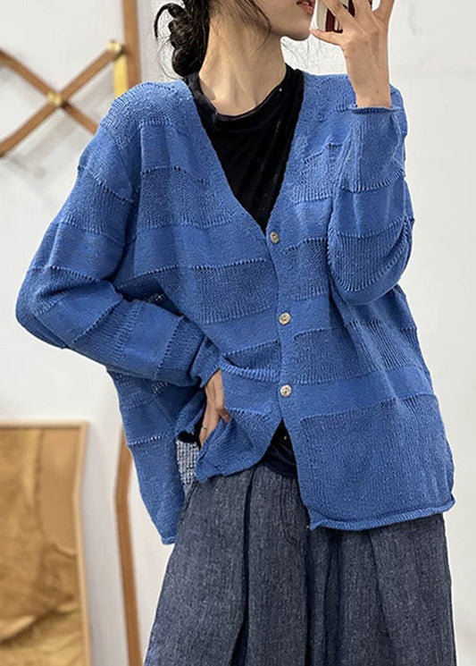 Loose Blue V Neck Hollow Out Solid Cotton Knit Coat Fall