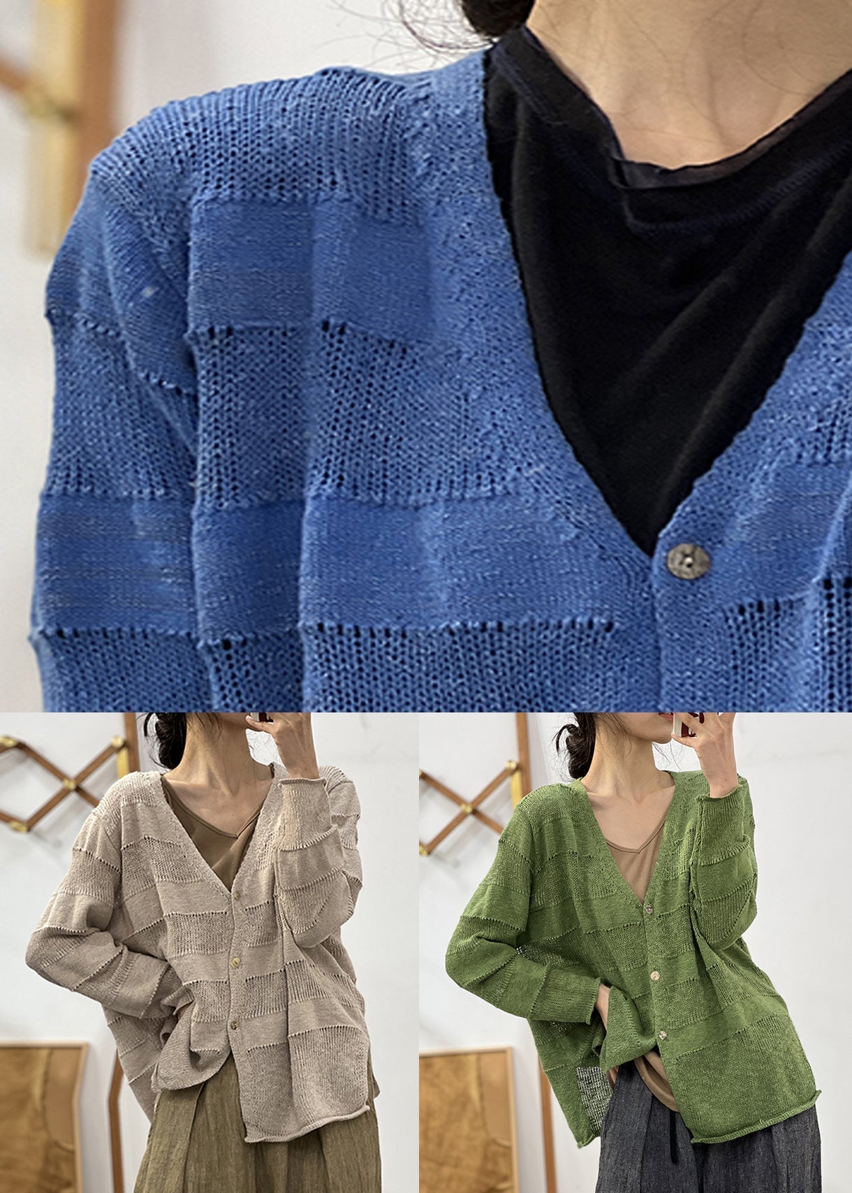 Loose Blue V Neck Hollow Out Solid Cotton Knit Coat Fall