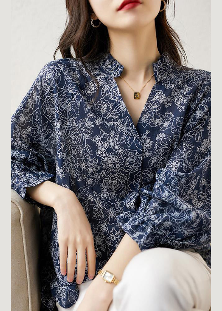 Loose Blue V Neck Print Chiffon Blouses Bracelet Sleeve