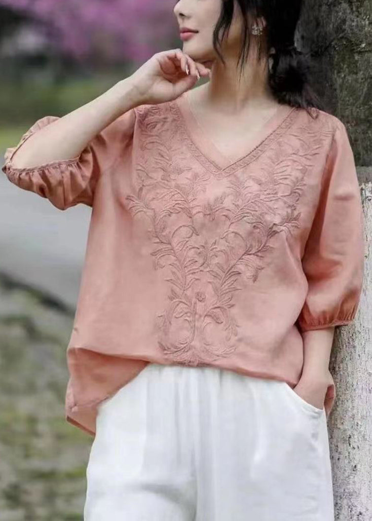 Loose Brick Red V Neck Embroidered Patchwork Linen T Shirt Half Sleeve