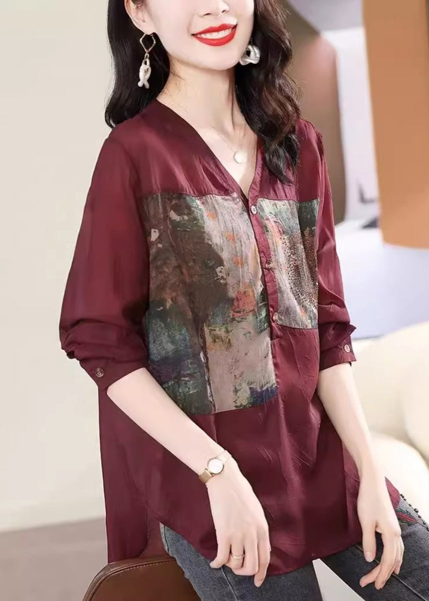 Loose Brick Red V Neck Print Side Open Chiffon Top Fall