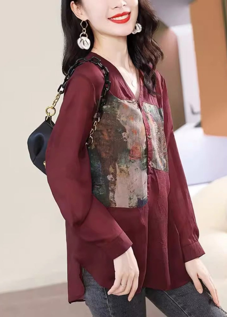 Loose Brick Red V Neck Print Side Open Chiffon Top Fall