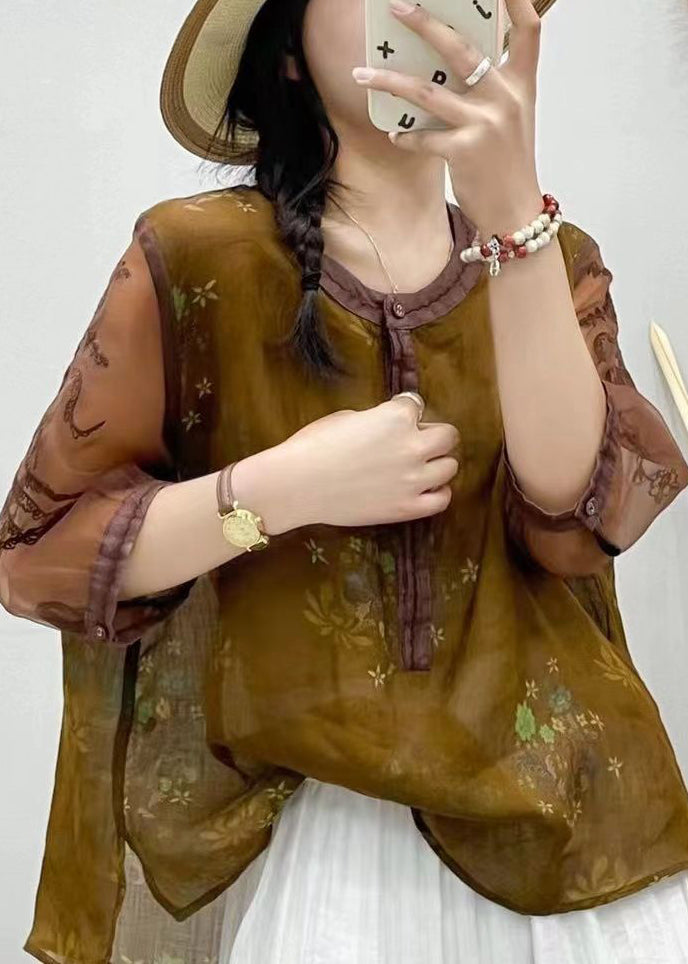 Loose Brown O Neck Print Button Linen Shirt Bracelet Sleeve