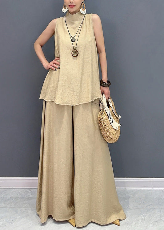 Loose Camel Tops And Wide Leg Pants Cotton Two Pieces Set Sleeveless