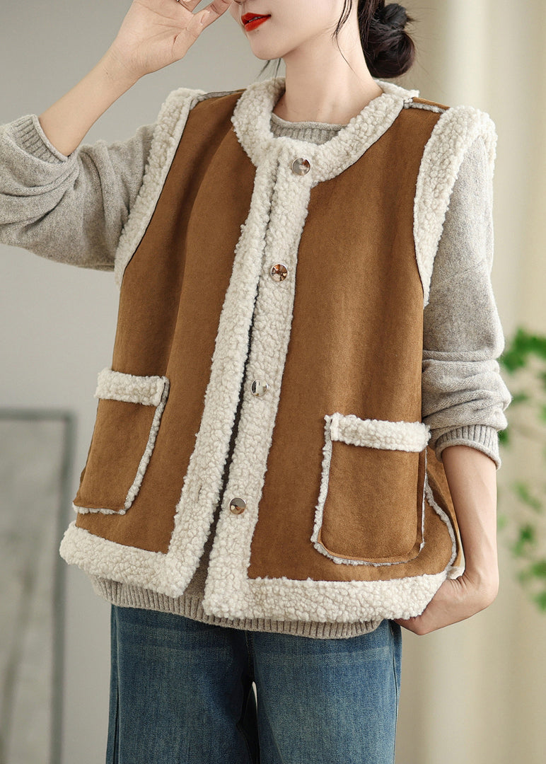 Loose Coffee Button Pockets Patchwork Teddy Faux Fur Waistcoat Sleeveless