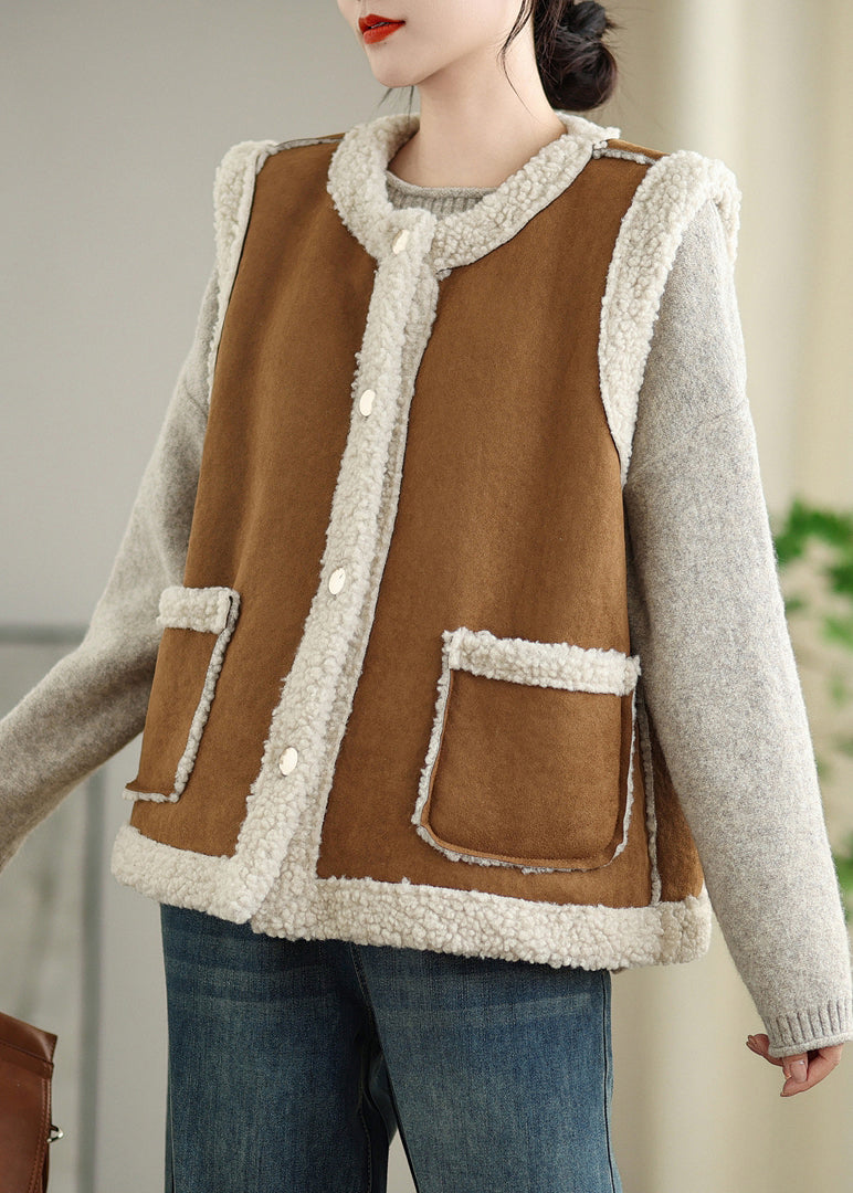 Loose Coffee Button Pockets Patchwork Teddy Faux Fur Waistcoat Sleeveless