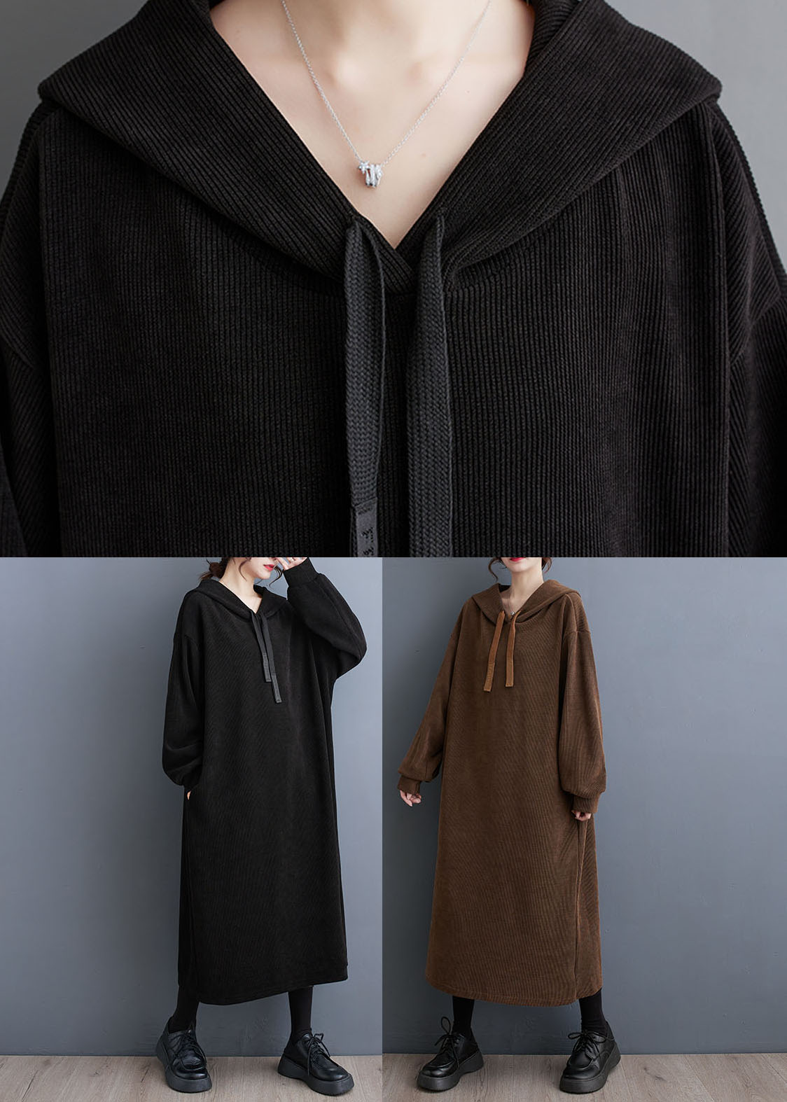 Loose Coffee Pockets Hooded Maxi Dresses Fall