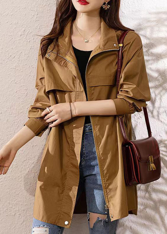 Loose Dark Khaki Hooded Zip Up Patchwork Cotton Trench Coat Fall