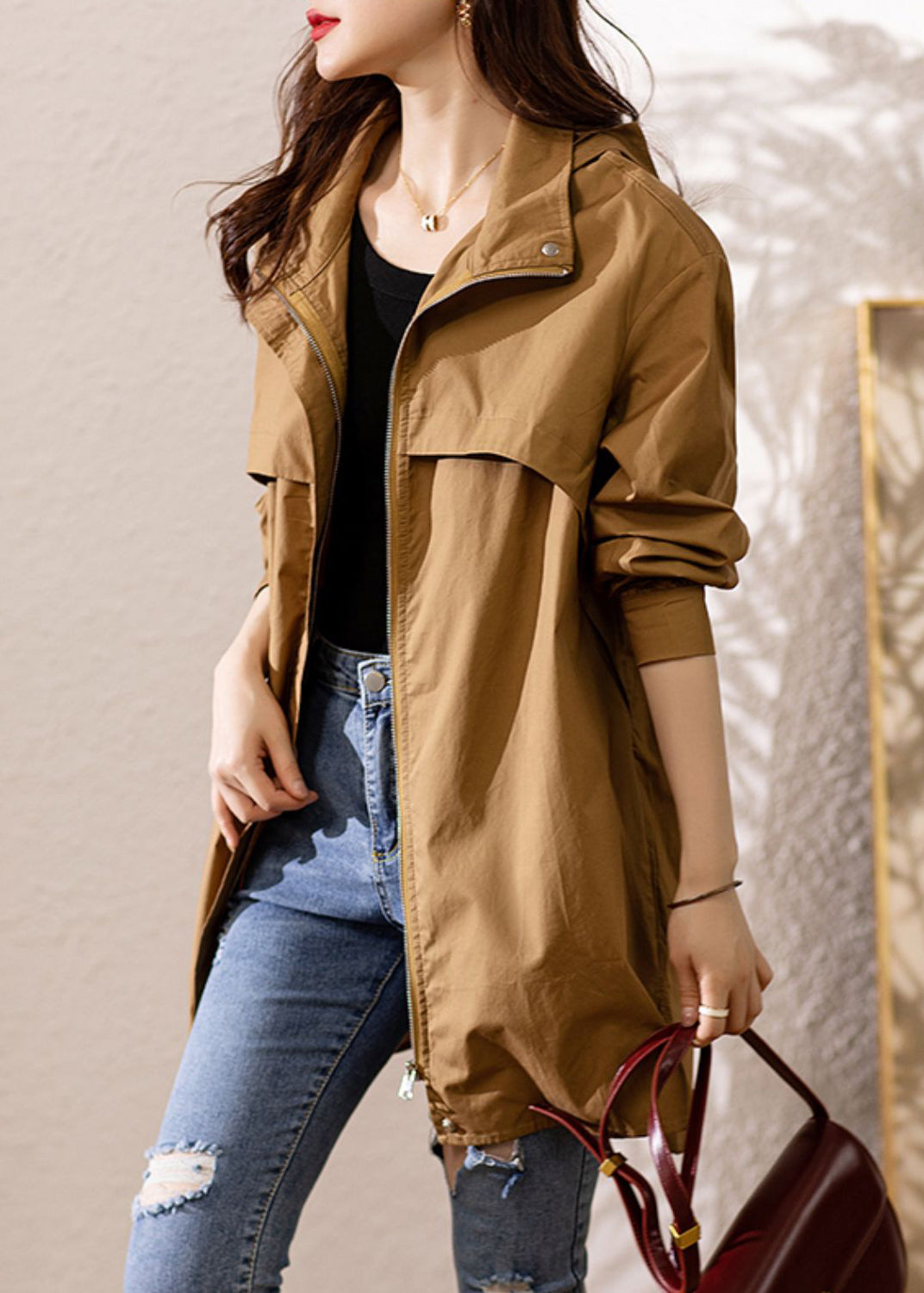 Loose Dark Khaki Hooded Zip Up Patchwork Cotton Trench Coat Fall