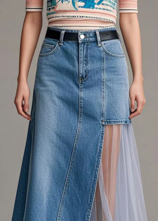 Loose Denim Blue Asymmetrical Patchwork Tulle Holiday Skirt Spring