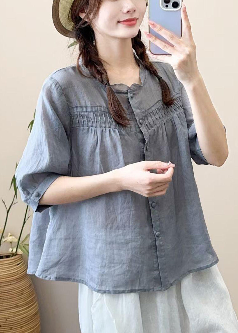 Loose Grayish Blue Ruffled Button Patchwork Cotton Shirt Half Sleeve