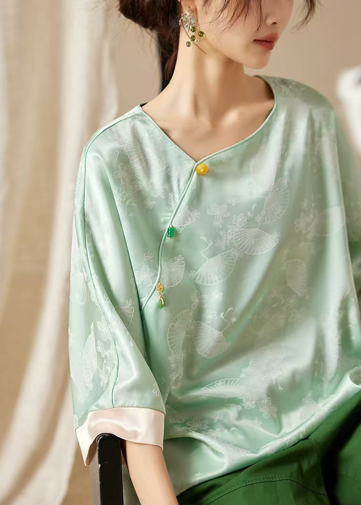 Loose Green Button Print Silk Shirt Bracelet Sleeve