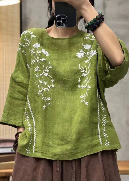 Loose Green Embroidered Low High Design Linen Top Bracelet Sleeve