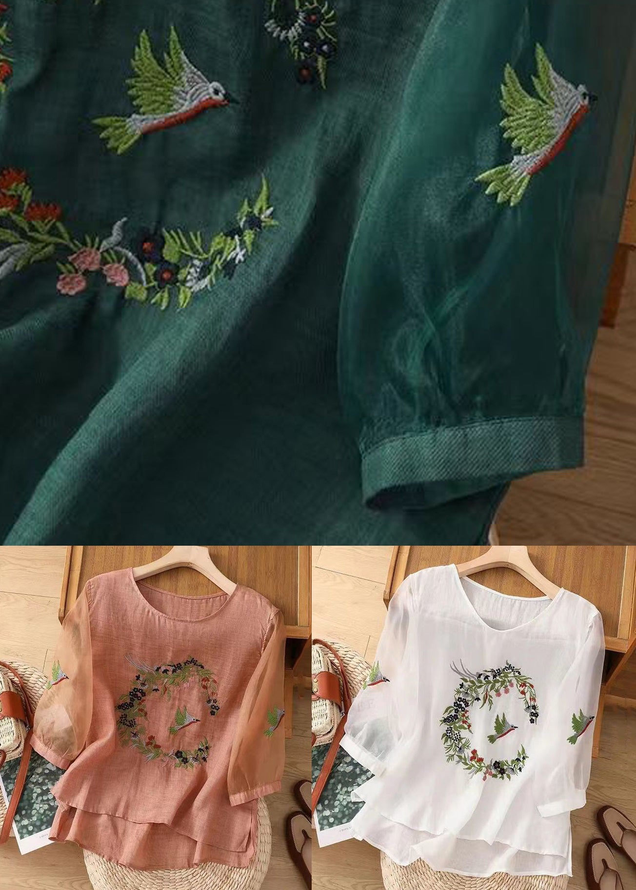 Loose Green Embroideried Side Open Cotton Top Half Sleeve