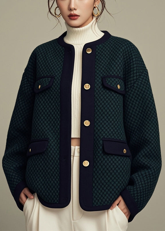 Loose Green O-Neck Button Cotton Coats Fall