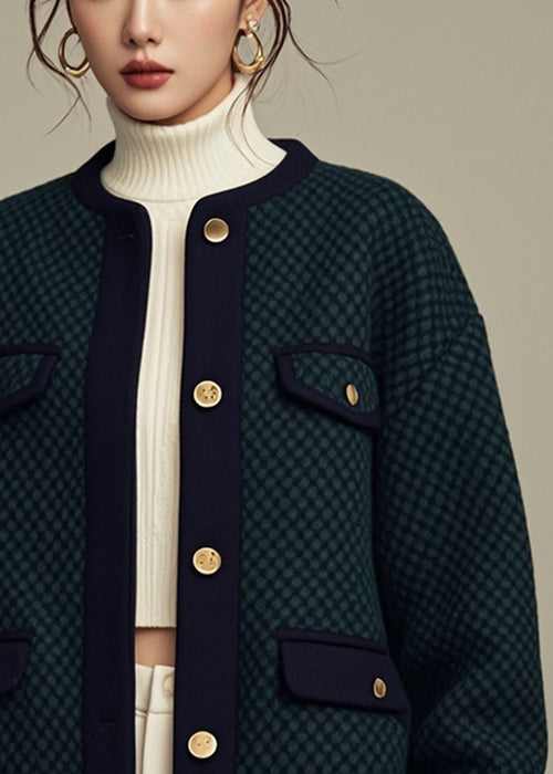 Loose Green O-Neck Button Cotton Coats Fall