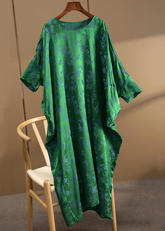 Loose Green O Neck Jacquard Patchwork Silk Dress Half Sleeve