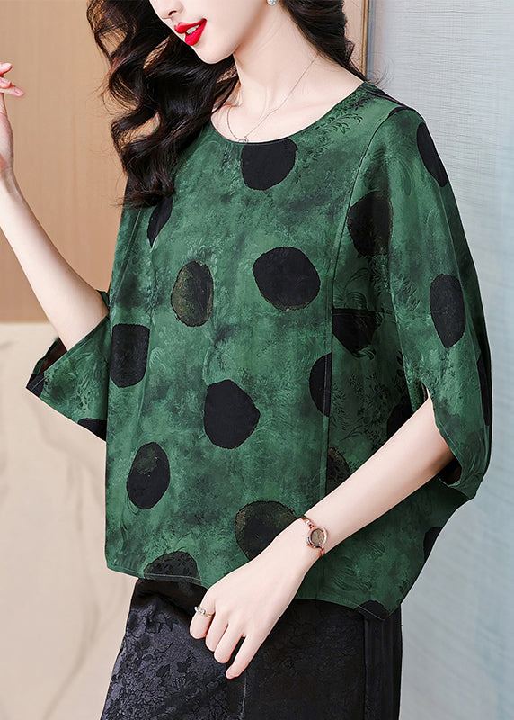 Loose Green O Neck Print Silk Shirts Batwing Sleeve