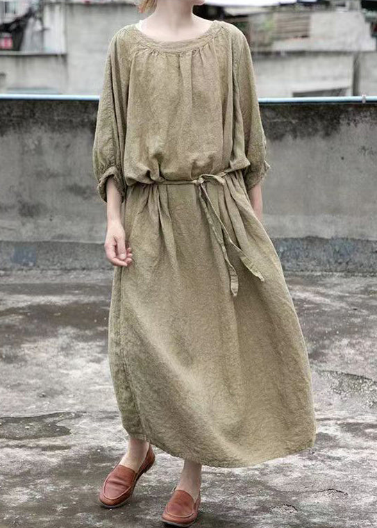 Loose Green O Neck Tie Waist Linen Dress Half Sleeve