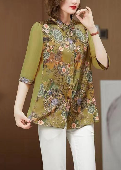 Loose Green Peter Pan Collar Print Silk Blouses Half Sleeve