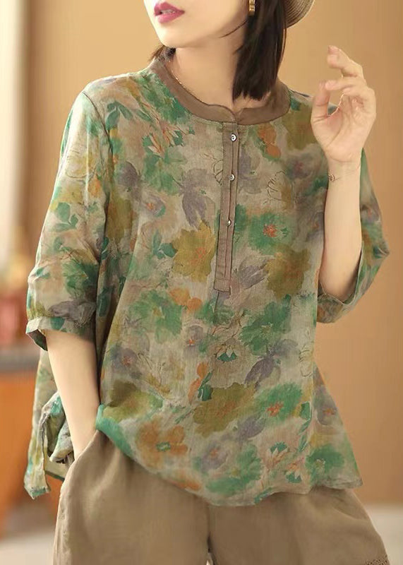 Loose Green Print Button Side Open Linen Shirt Summer