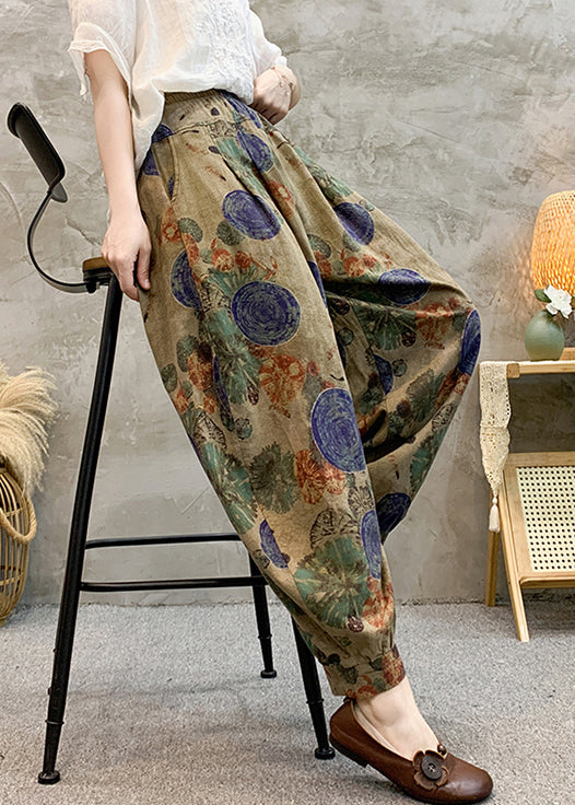 Loose Green Print Elastic Waist Cotton Crop Pants Summer