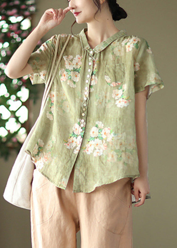 Loose Green Print Ramie Top Short Sleeve