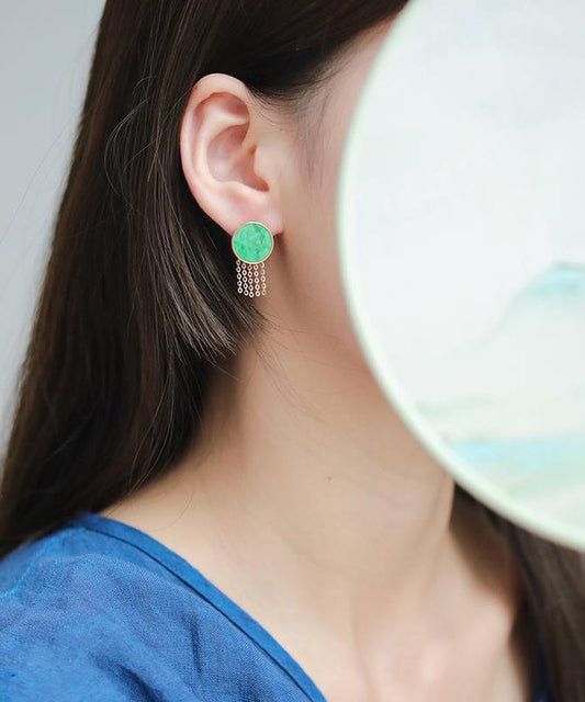 Loose Green Sterling Silver Overgild Jade Tassel Stud Earrings