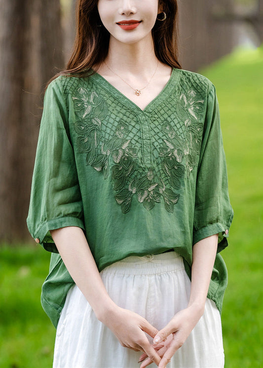 Loose Green V Neck Embroidered Patchwork Cotton T Shirt Half Sleeve