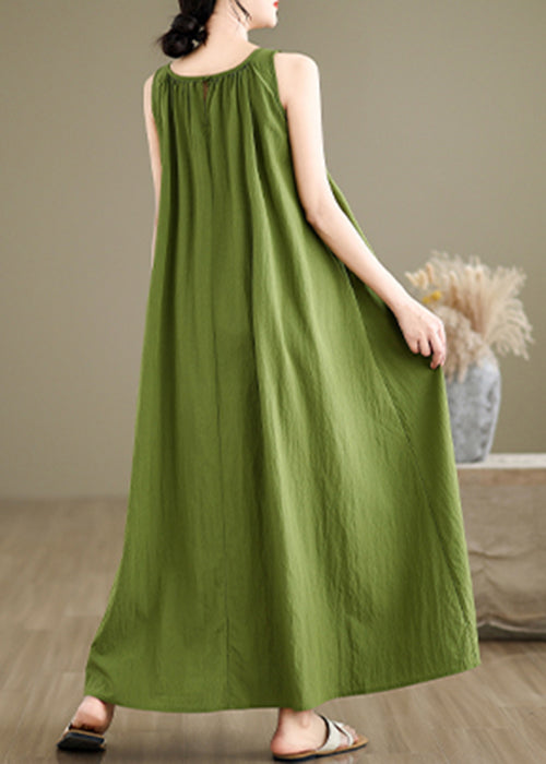 Loose Green Wrinkled Solid Cotton Maxi Dresses Sleeveless