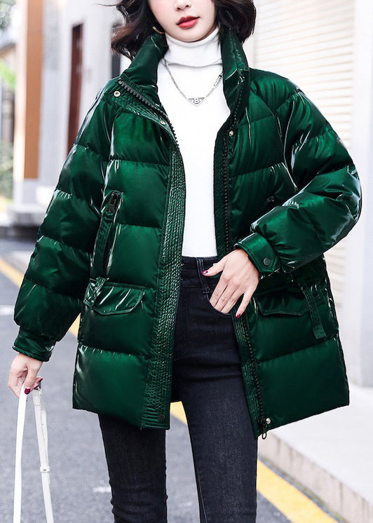 Loose Green Zippered Pockets Duck Down Coats Winter