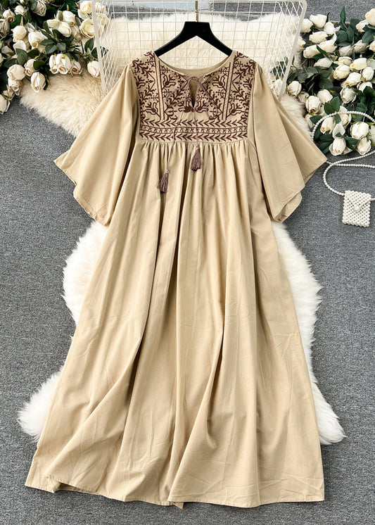 Loose Khaki Embroidered Lace Up Cotton Dress Summer