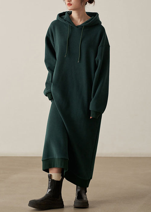 Loose Khaki Hooded Pockets  Woolen Long Dresses Fall