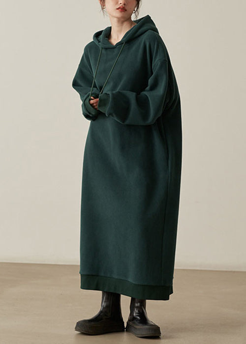 Loose Khaki Hooded Pockets  Woolen Long Dresses Fall