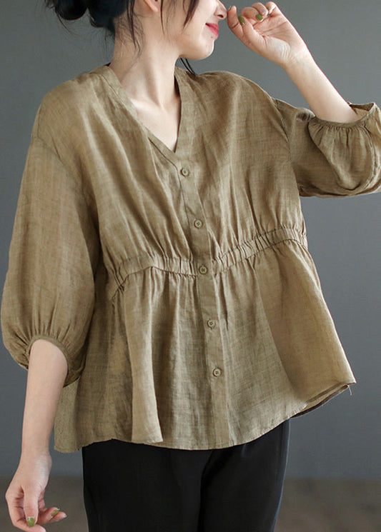 Loose Khaki Low High Design Patchwork Linen Top Summer