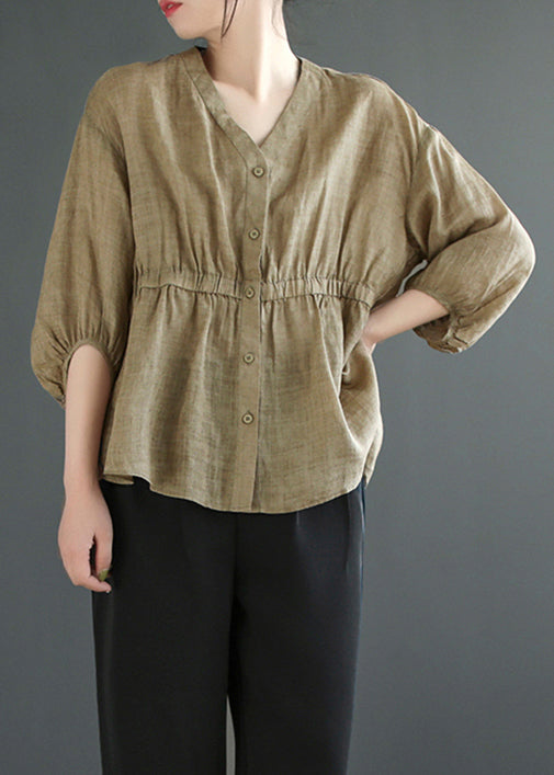 Loose Khaki Low High Design Patchwork Linen Top Summer