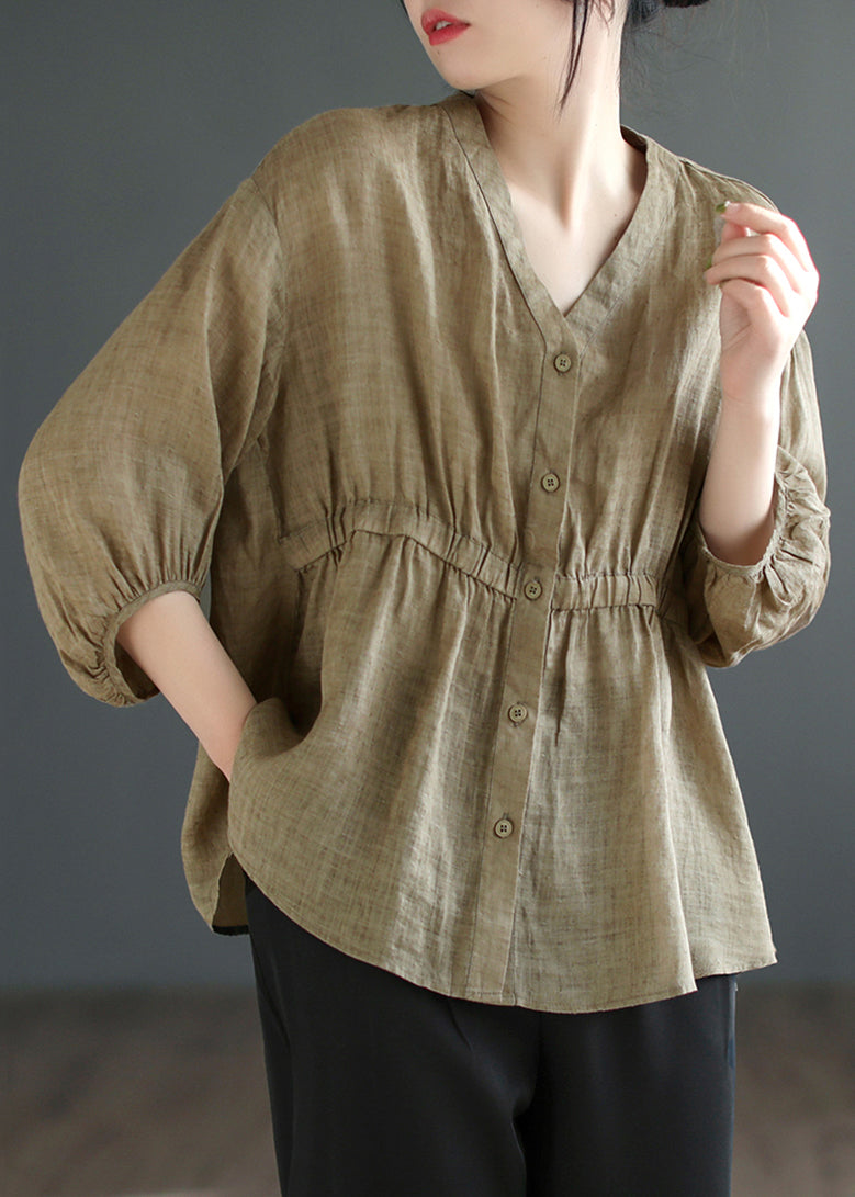 Loose Khaki Low High Design Patchwork Linen Top Summer