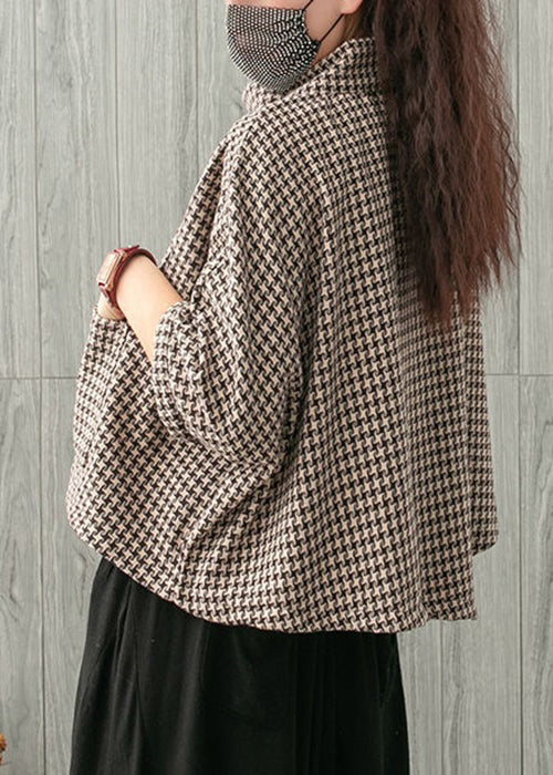 Loose Khaki Plaid Pockets Cotton Top Half Sleeve