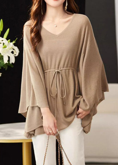 Loose Khaki V Neck Tie Waist Knit Top Batwing Sleeve