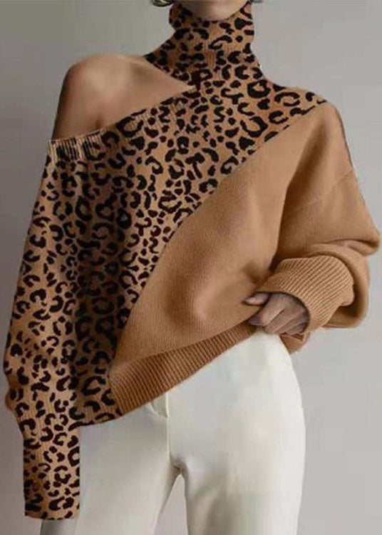 Loose Leopard Turtleneck Cold Shoulder Cozy Knit Sweaters Fall